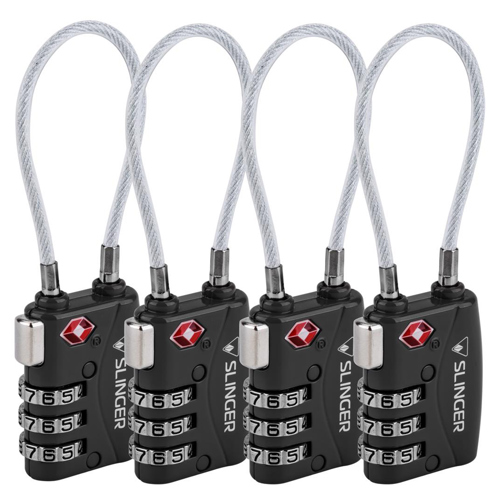 Slinger TSA Approved Cable Luggage Locks 4-Pack Black