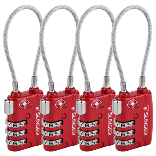 Slinger TSA Approved Cable Luggage Locks 4-Pack Red