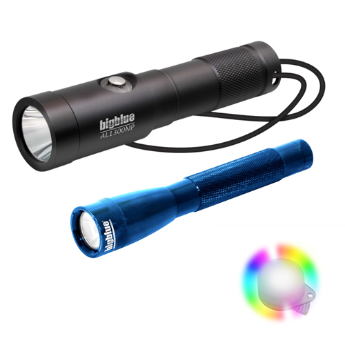 Bigblue AL1300NP and AL250 Dive Light Combo Pack with 8-Color Easy Clip Blue