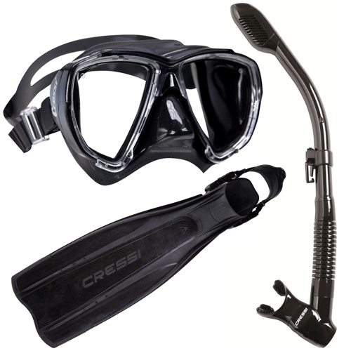 Cressi Big Eyes Black Skirt Mask with Pro Light Fins and Supernova Dry Snorkel