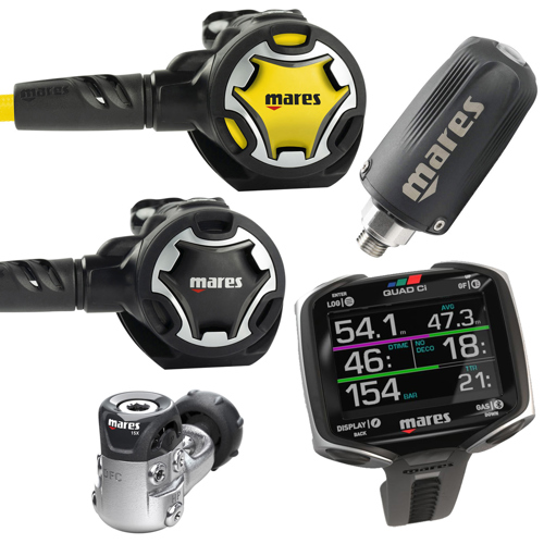 Mares Dual 15X Regulator with Dual Octopus, Quad Ci Wrist Dive Computer and LED Tank Module 2.0 Transmitter