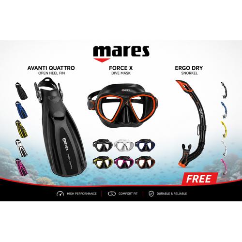 Mares Dive Into Summer Quattro+ Fins, Force-X Mask & Free Ergo Dry Snorkel