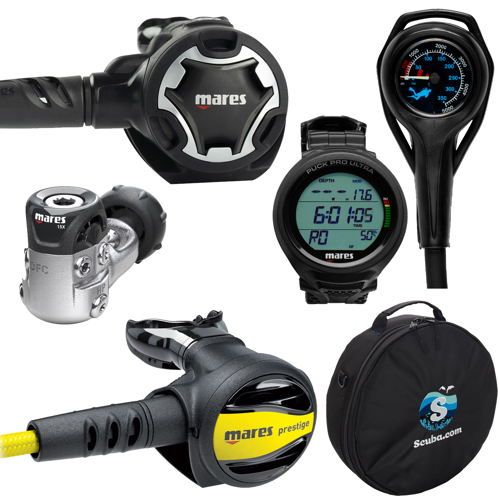 Mares Dual 15X Regulator with Prestige Octopus, Puck Pro Dive Computer, Pressure Gauge and Regulator Bag