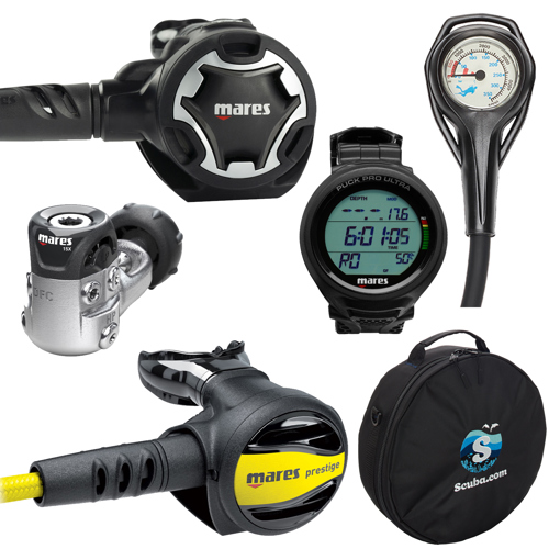 Mares Dual 15X Regulator with Prestige Octopus, Puck Pro Dive Computer, Pressure Gauge and Regulator Bag