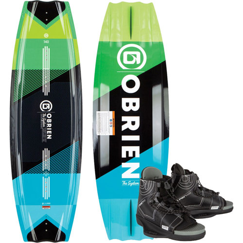 O'Brien System Wakeboard with Clutch Bindings, 2022 Model 140 cm Wakeboard w/boots (Size 10-14) Black/Green/Blue