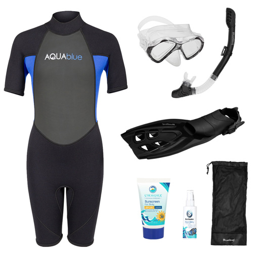 Blue Reef Aqua Blue Boy's Shorty Wetsuit Snorkeling Package