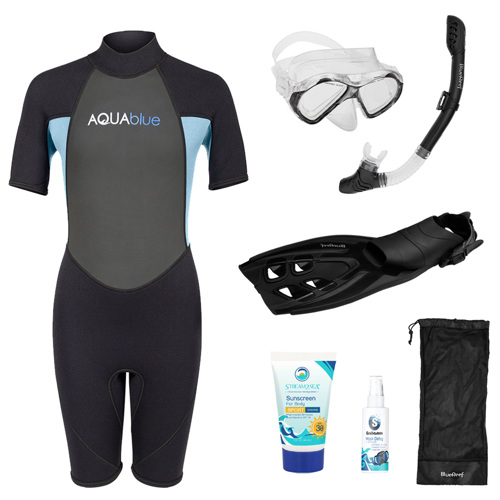 Blue Reef Aqua Blue Girl's Shorty Wetsuit Snorkeling Package
