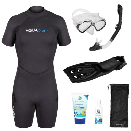 Blue Reef Aqua Blue Men's Shorty Wetsuit Snorkeling Package PCKAQB25MBS