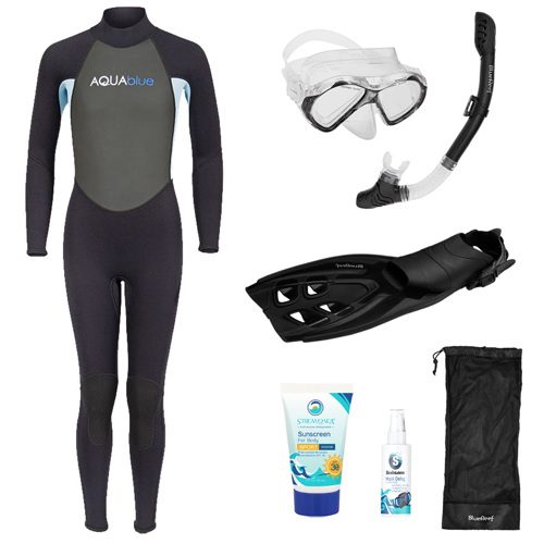 Blue Reef Aqua Blue Girl's Full Wetsuit Snorkeling Package