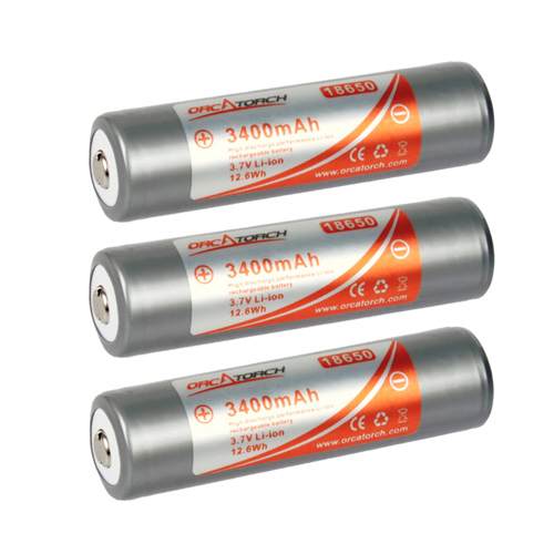 OrcaTorch 18650 Rechargeable Lithium-Ion Battery - 3400mAh - 3 Pack