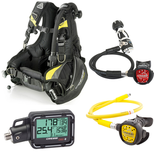 Cressi Travelight BCD Bundle with Compact MC9 Regulator, XS Compact Octopus, Digi 2 Digital Console