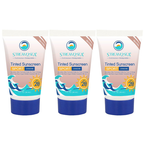 Stream2Sea Eco Tinted Sunscreen SPF 20 for Face and Body Sport, 1 fl oz. (30 ml) 3-Pack