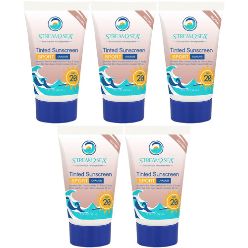 Stream2Sea Eco Tinted Sunscreen SPF 20 for Face and Body Sport, 1 fl oz. (30 ml) 5-Pack
