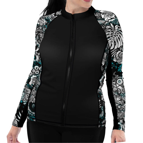 Spacefish Army Blue Octofloral Women's Front Zip Long Sleeve Rashguard