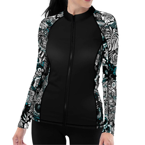 Spacefish Army Blue Octofloral Women's Front Zip Long Sleeve Rashguard
