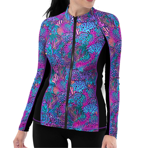 Spacefish Army Coral Kaleidoscope Women's Front Zip Long Sleeve Rashguard