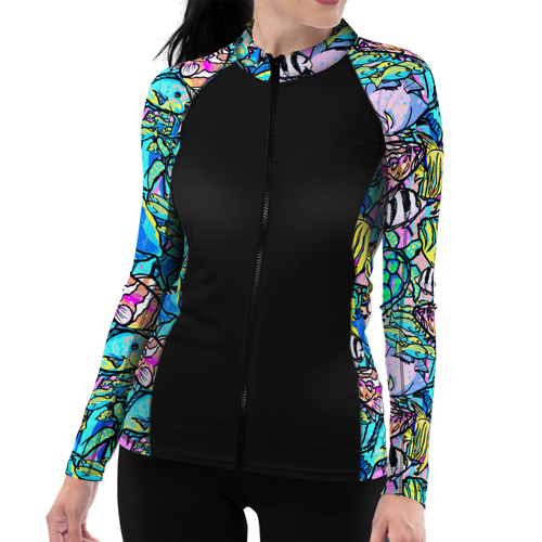 Spacefish Army Neon Fish Frenzy Women's Front Zip Long Sleeve Rashguard X-Large