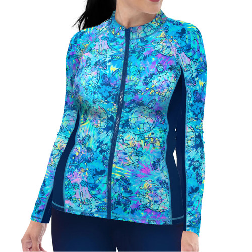 Spacefish Army Turtle Tie Dye Women's Front Zip Long Sleeve Rashguard XX-Large