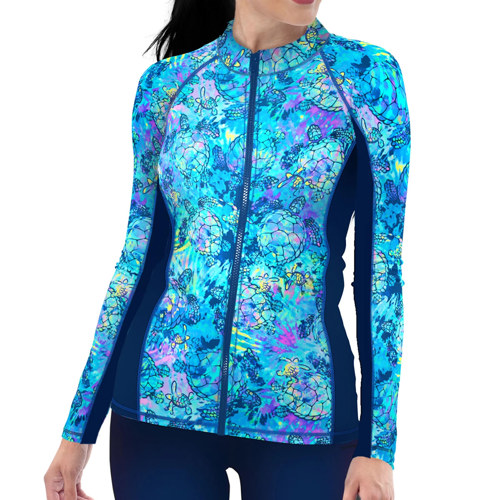 Spacefish Army Turtle Tie Dye Women's Front Zip Long Sleeve Rashguard