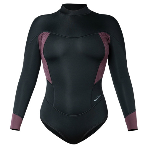 Xcel 2mm Axis Women's Long Sleeve Cheeky Bikini Cut Wetsuit Black/Wine w/Palm Monstera Print 8