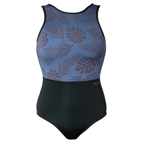 Xcel 1mm Short Jane Women's V Back Sleeveless Cheeky Bikini Cut Wetsuit Black/Denim w/Palm Monstera Print 6