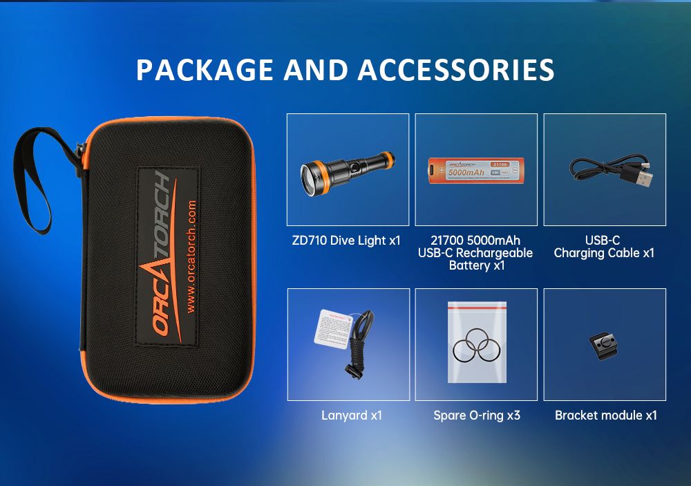 OrcaTorch ZD710 Zoomable Dive Light What's Included