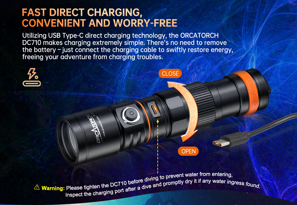 ORCATORCH DC710 3000 Lumens Powerful Underwater Lantern Professional Diving Flashlight Rechargeable LED Scuba Diving Torch Light