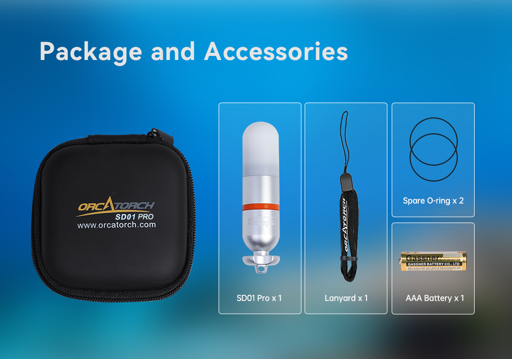 OrcaTorch SD01 Pro Dive Beacon Package & Accessories