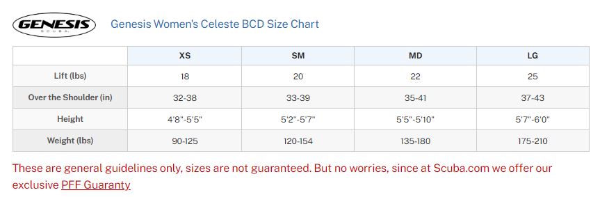 genesis celeste bcd woman size chart