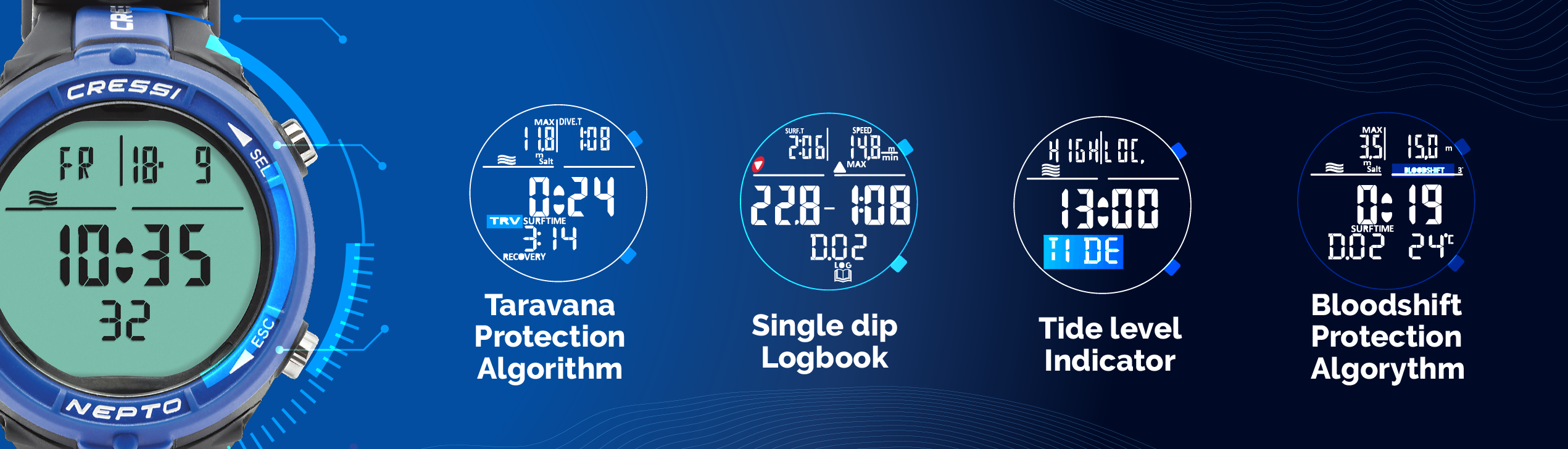 Cressi Nepto Free Diving Watch Computer Taravana Logbook Tide Level Bloodshift