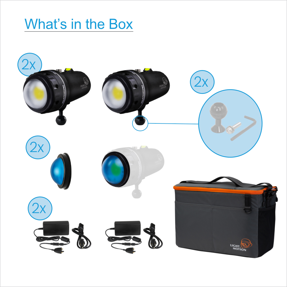 •	Two Sola Video Pro 15,000 •	Sola Pro Ball Mounts •	Two Sola Bluewater Filters •	Two Sola Video Pro external Power Supplies •	Soft case