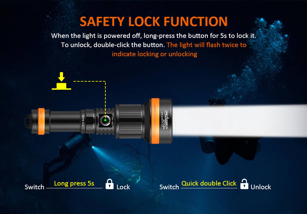 OrcaTorch ZD710 Zoomable Dive Light Safety Lock Function