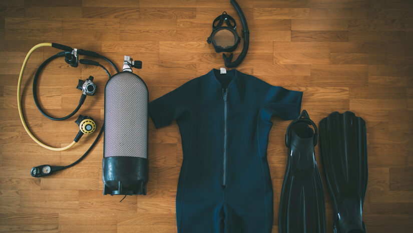 Diving equipment: O-ring, fins, snorkel set, wetsuit, tank and scuba regulator By yossarian6