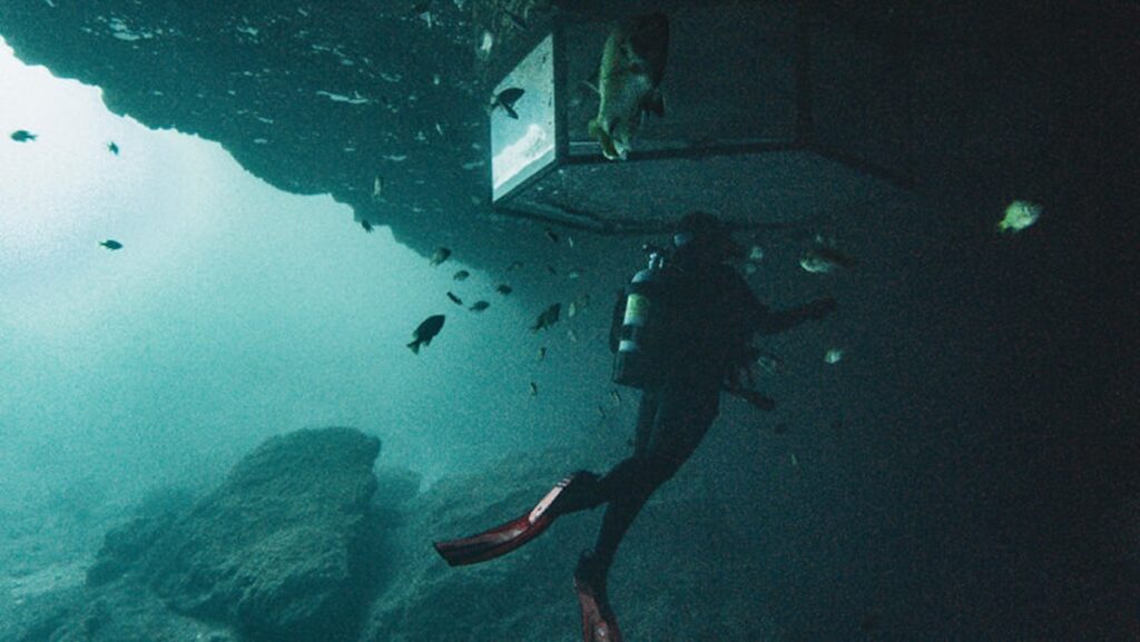 A woman scuba diver with red fins swims up to the diving bell in the underwater cavern sinkhole at Blue Grotto Dive Resort, Williston, Florida. Fresh air pumped to the airbell allows divers to remove their mask and regulators thirty feet underwater.
