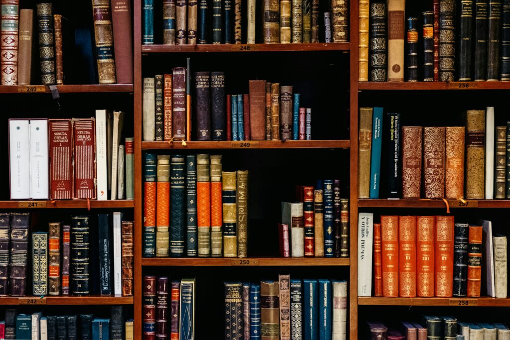 a library shelf filled with old science books