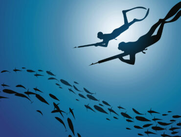 Vector image of two spearfishermen aiming at schools of fish