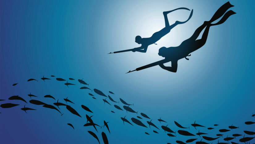 Vector image of two spearfishermen aiming at schools of fish