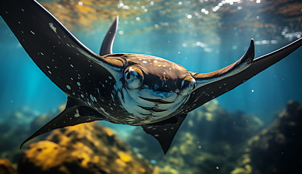 Close encounters with a majestic manta ray gliding gracefully through the water, its large wings creating a captivating silhouette against the underwater scenery
