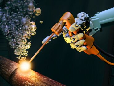 illustration of robot arm welding underwater pipe