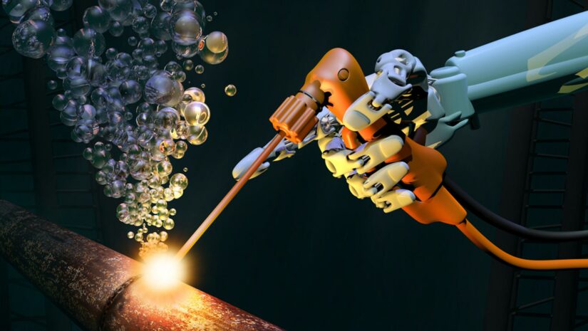 illustration of robot arm welding underwater pipe