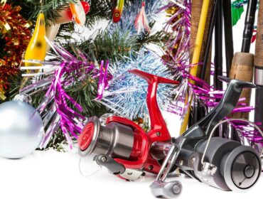fishing rods and reels with Christmas decor