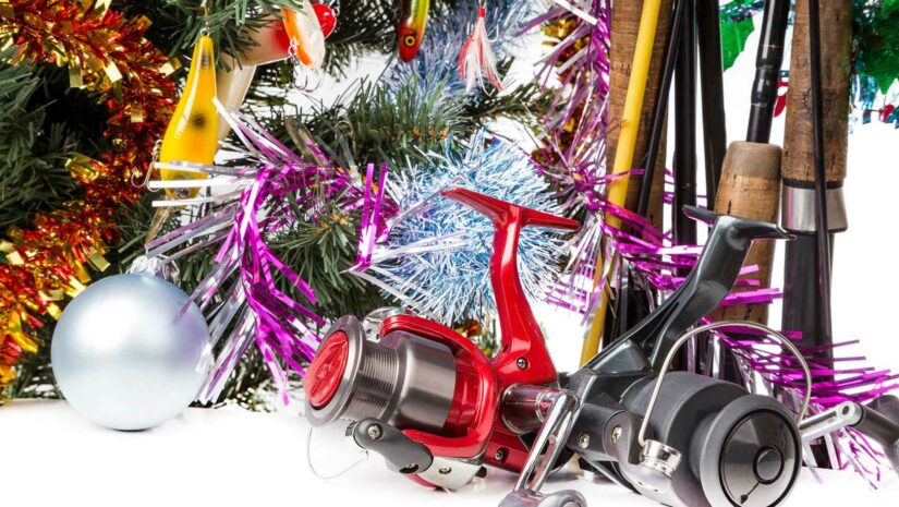 fishing rods and reels with Christmas decor