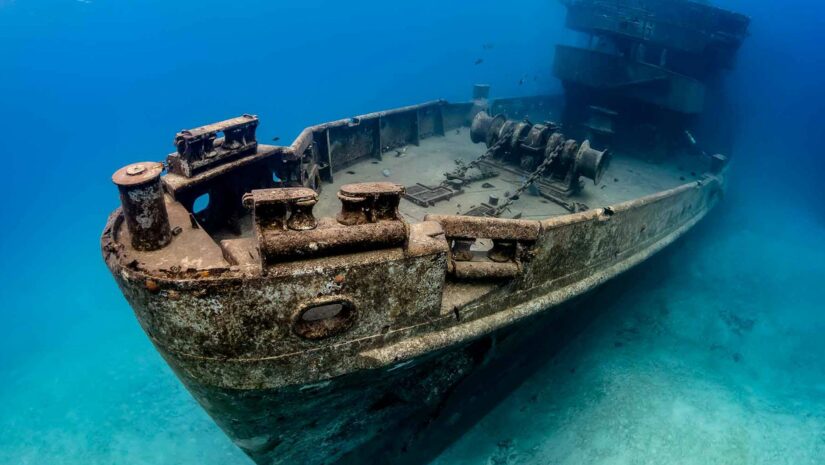 angled frontal view of a shipwreck