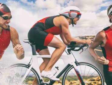 composite photo showing three triathlon activities