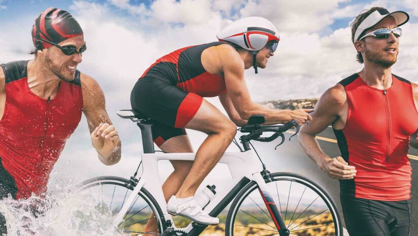 composite photo showing three triathlon activities