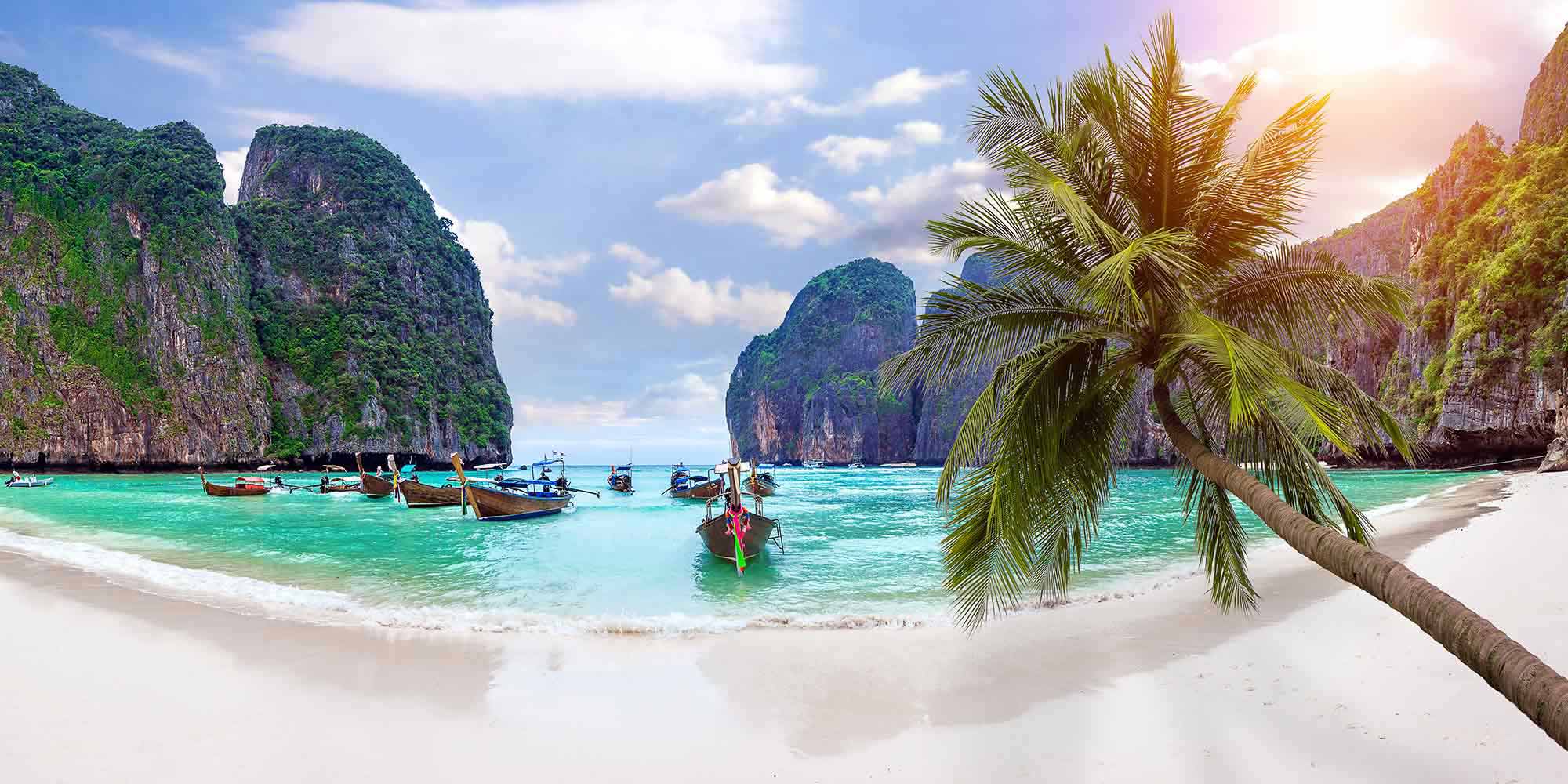landscape shot of a beach in Maya Bay