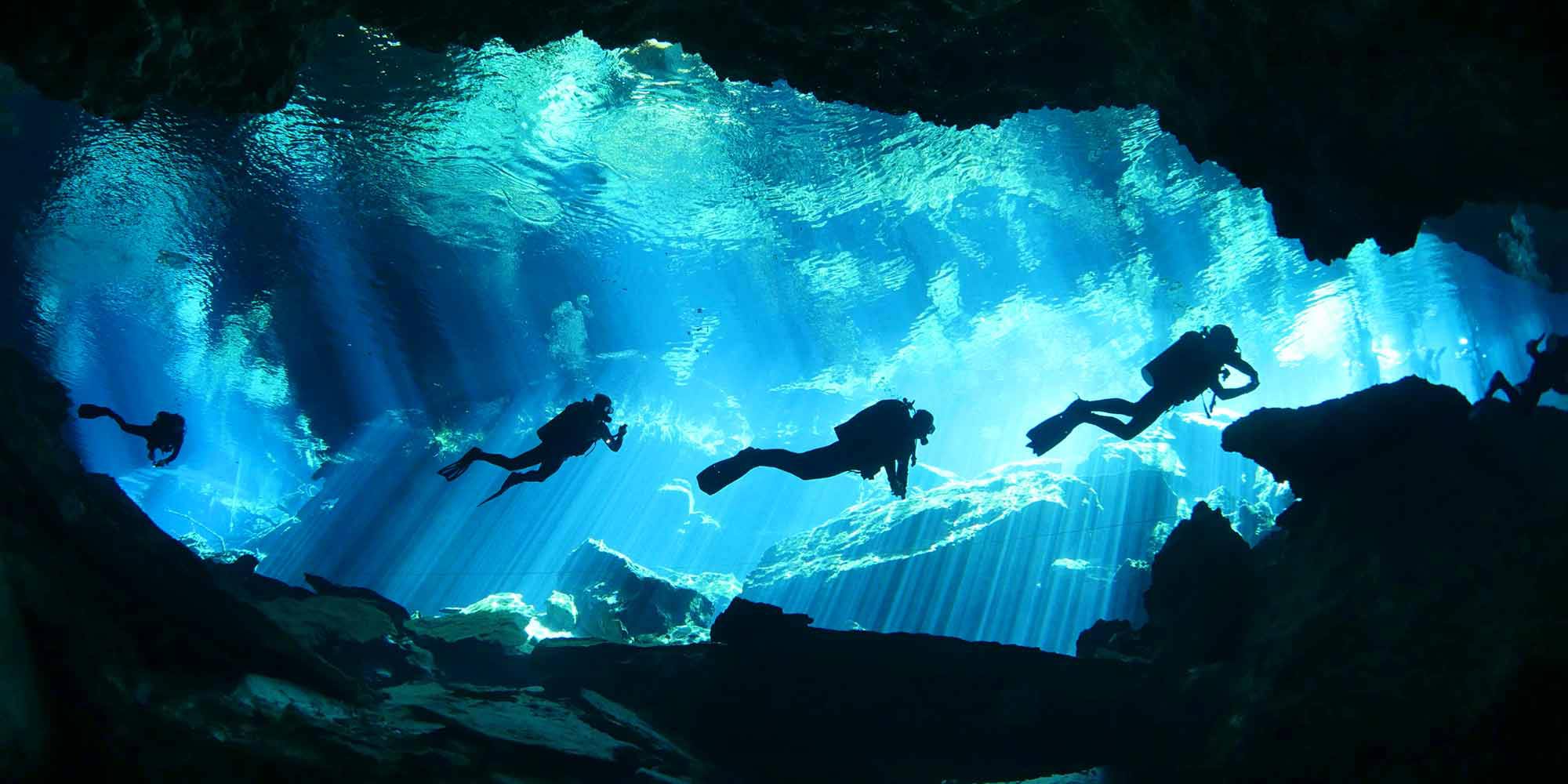 group of divers diving in one of the Riviera Maya cenotes