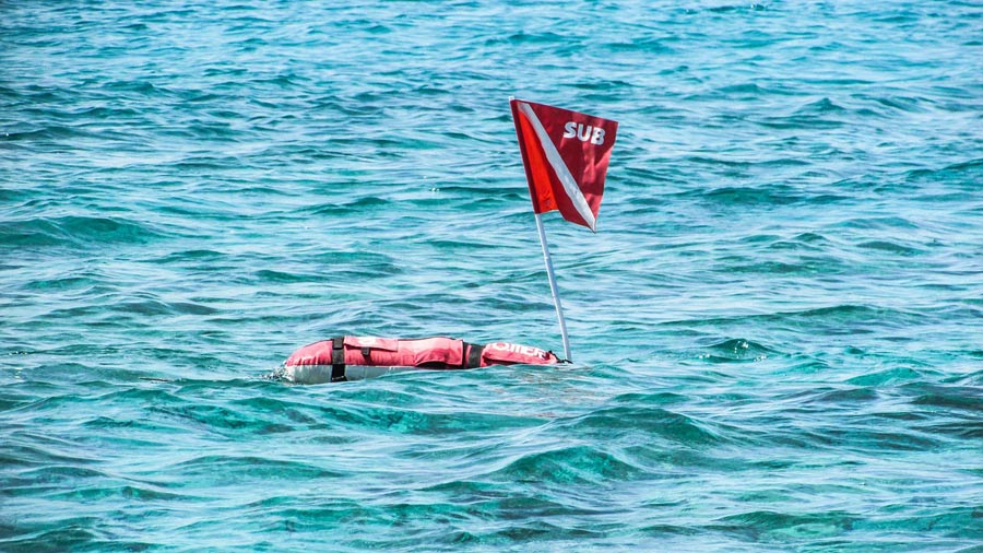 a red surface marker buoy with red flag deployed in water