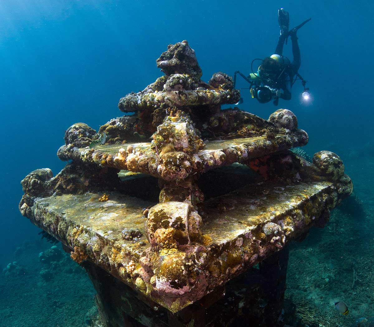 scuba diver doing underwater photography by shipwreck