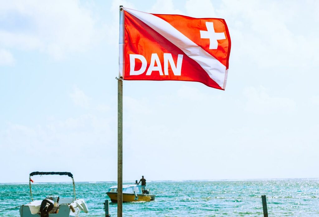 dan diver down flag on beach